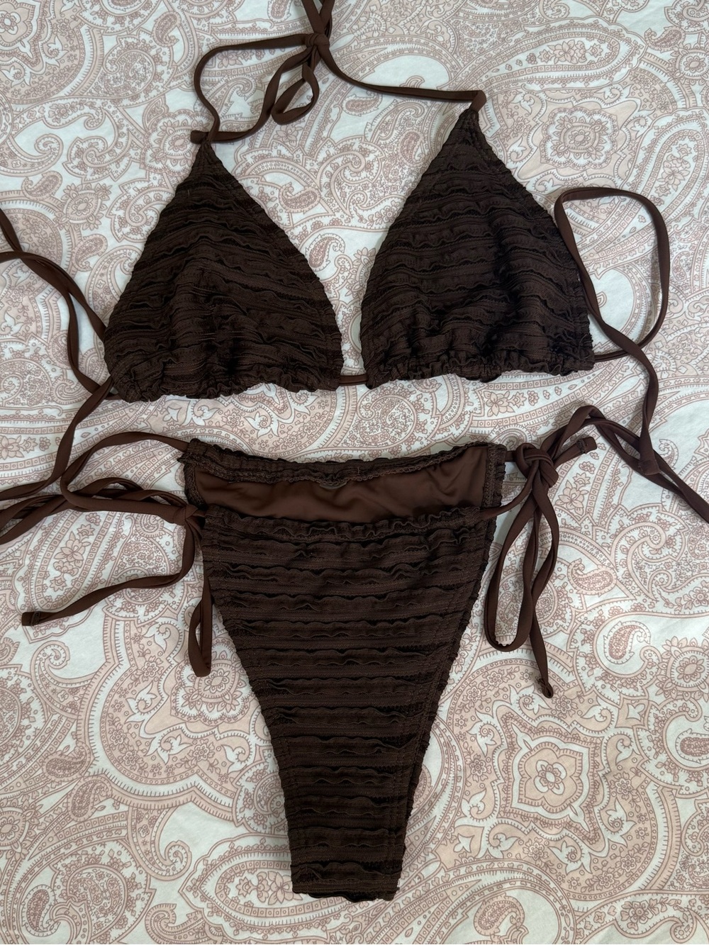 Women's Brown Tie-Side Textured Bikini Set